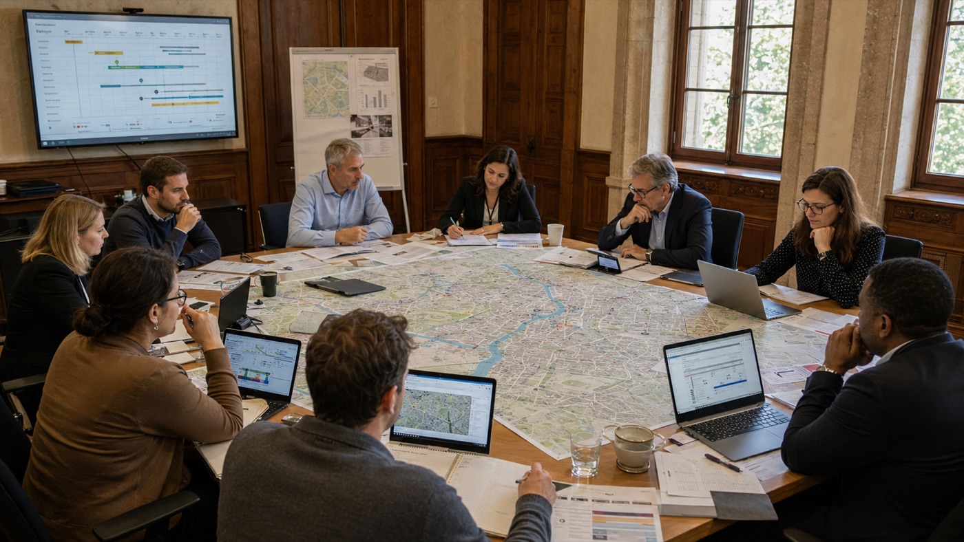 Cellule de crise en exercice de simulation autour d'une carte, dirigeants et experts Arkane en situation de décision sous tension, Genève et arc lémanique